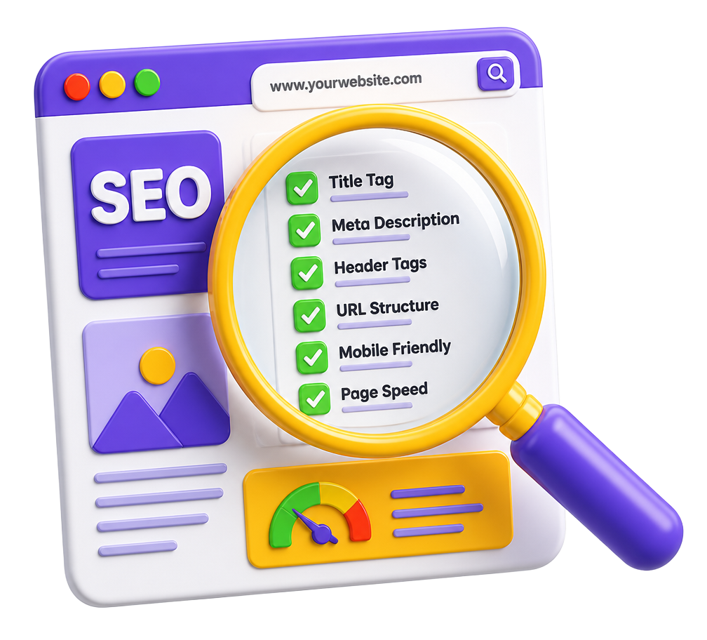 Magnifying glass reviewing an SEO checklist on a website